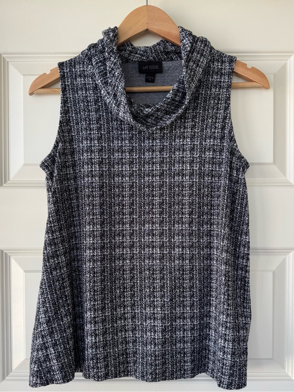 J. Jill “Wearever Collection” Sleeveless Cowl Neck Knit Top in black and white.